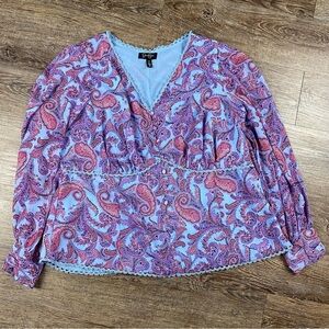 Jessica Simpson Shirt Women 2X Paisley Fairy Boho V Neck Bishop Sheer Sleeve